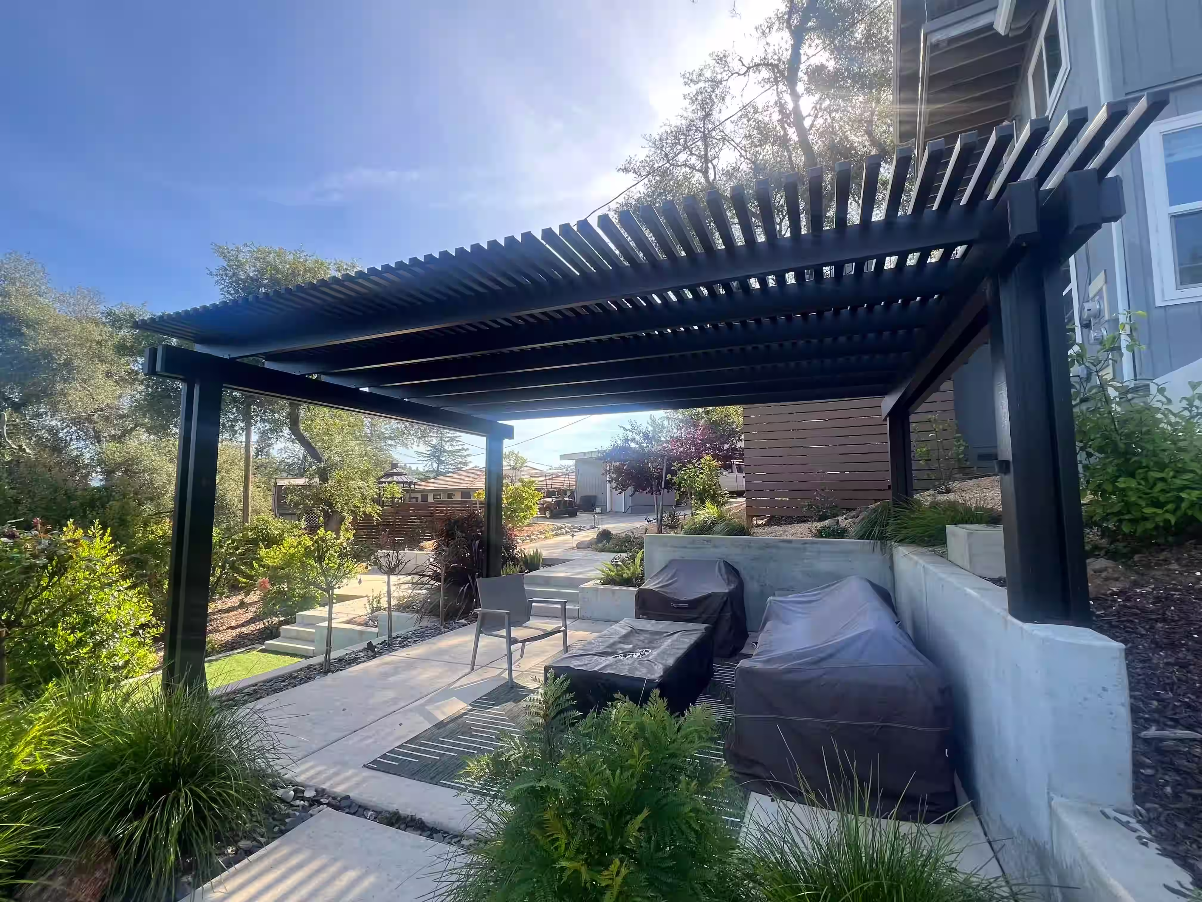 Relaxing outdoor living space overlooking the lawn