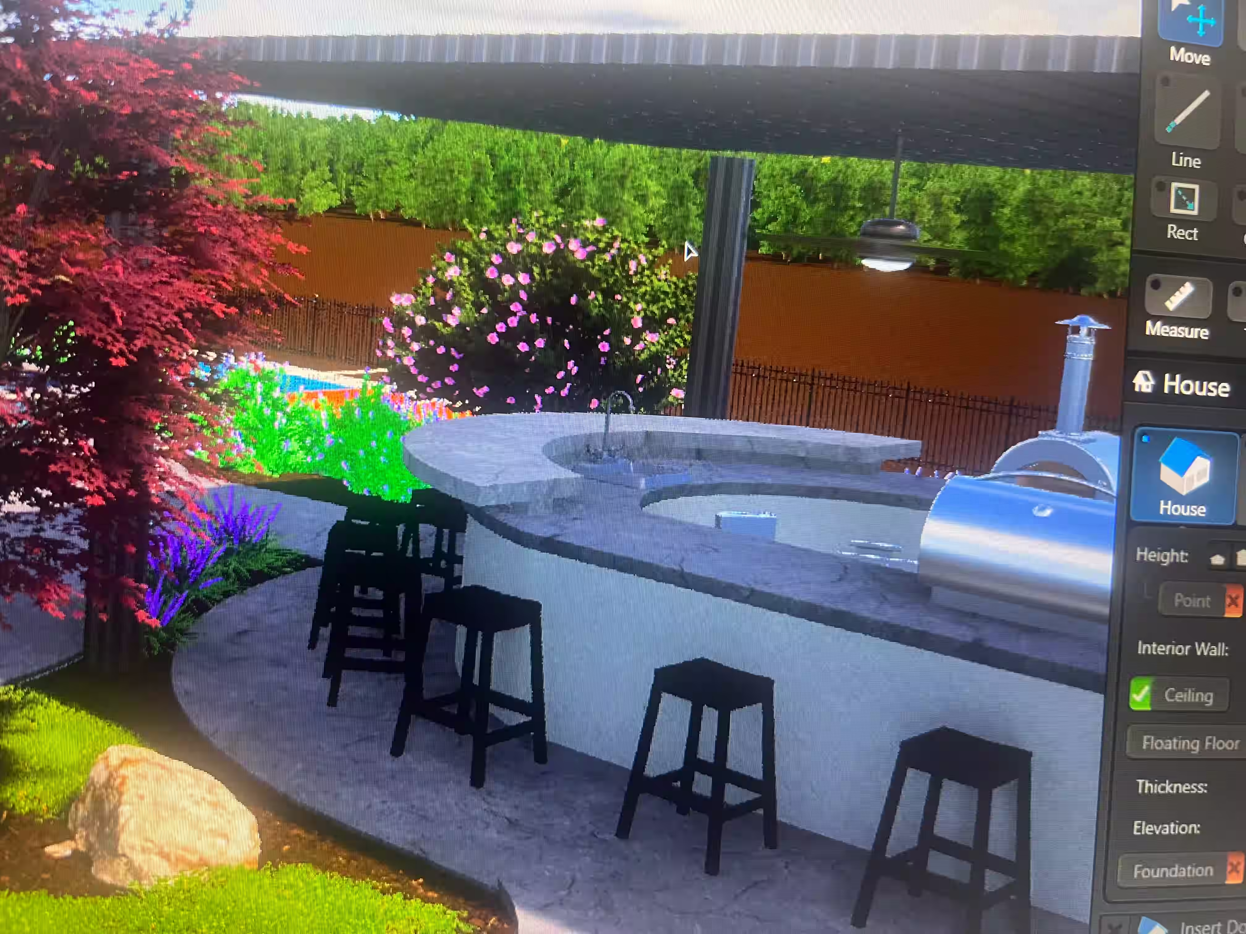 3D landscape rendering of an outdoor living space