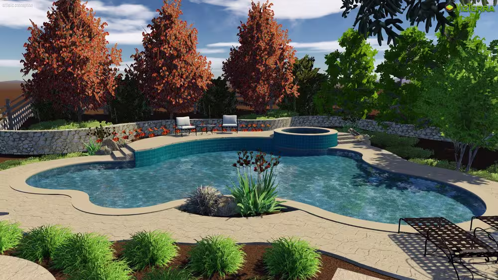 3D landscape rendering of a modern pool with retaining walls and poolside gardens