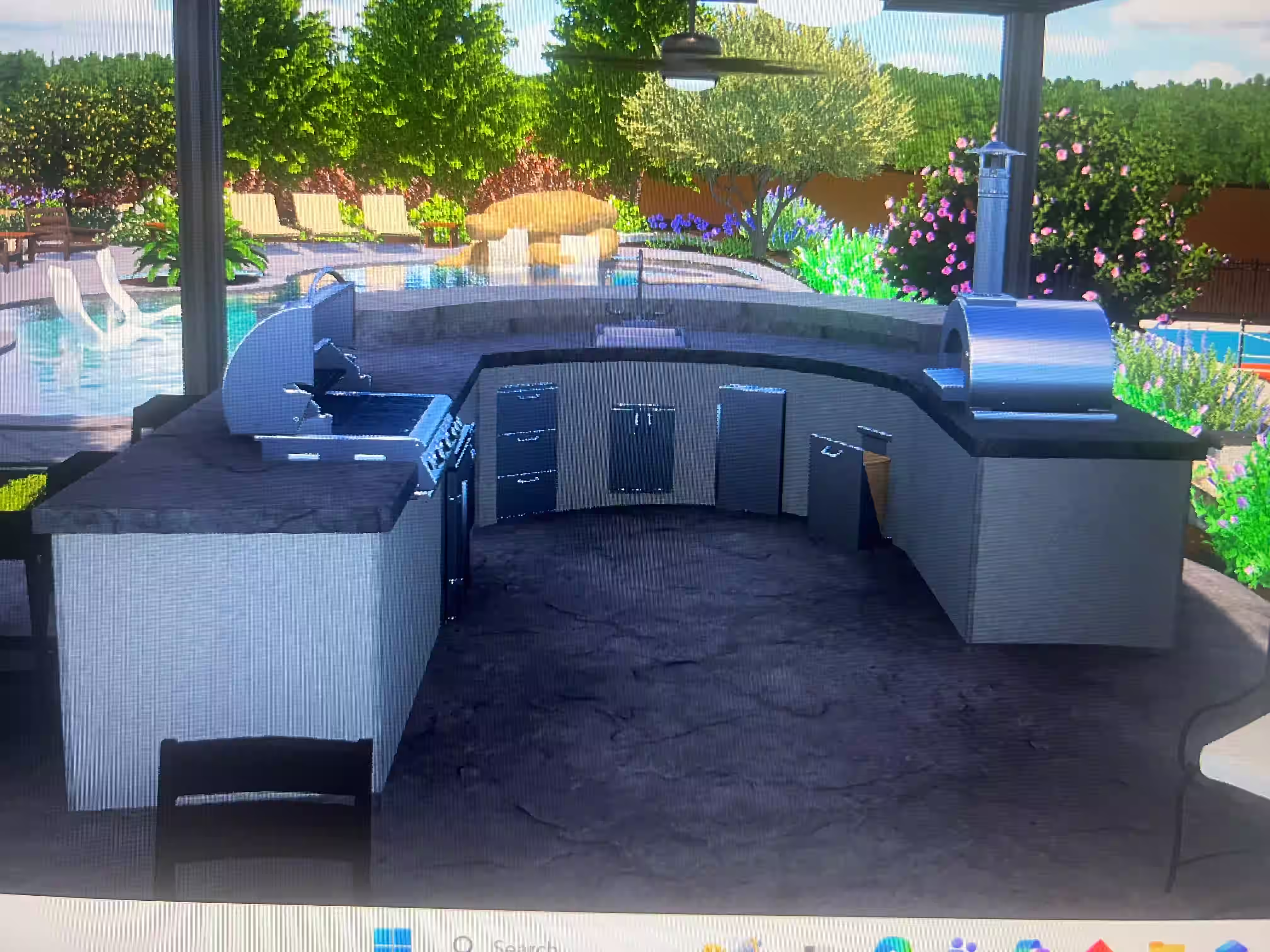 3D landscape rendering of a backyard kitchen area with a sink, barbeque, and seating area