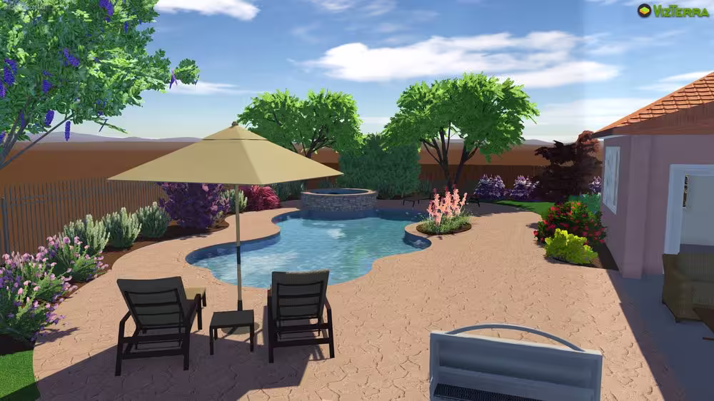 3D landscape rendering of a poolside landscape