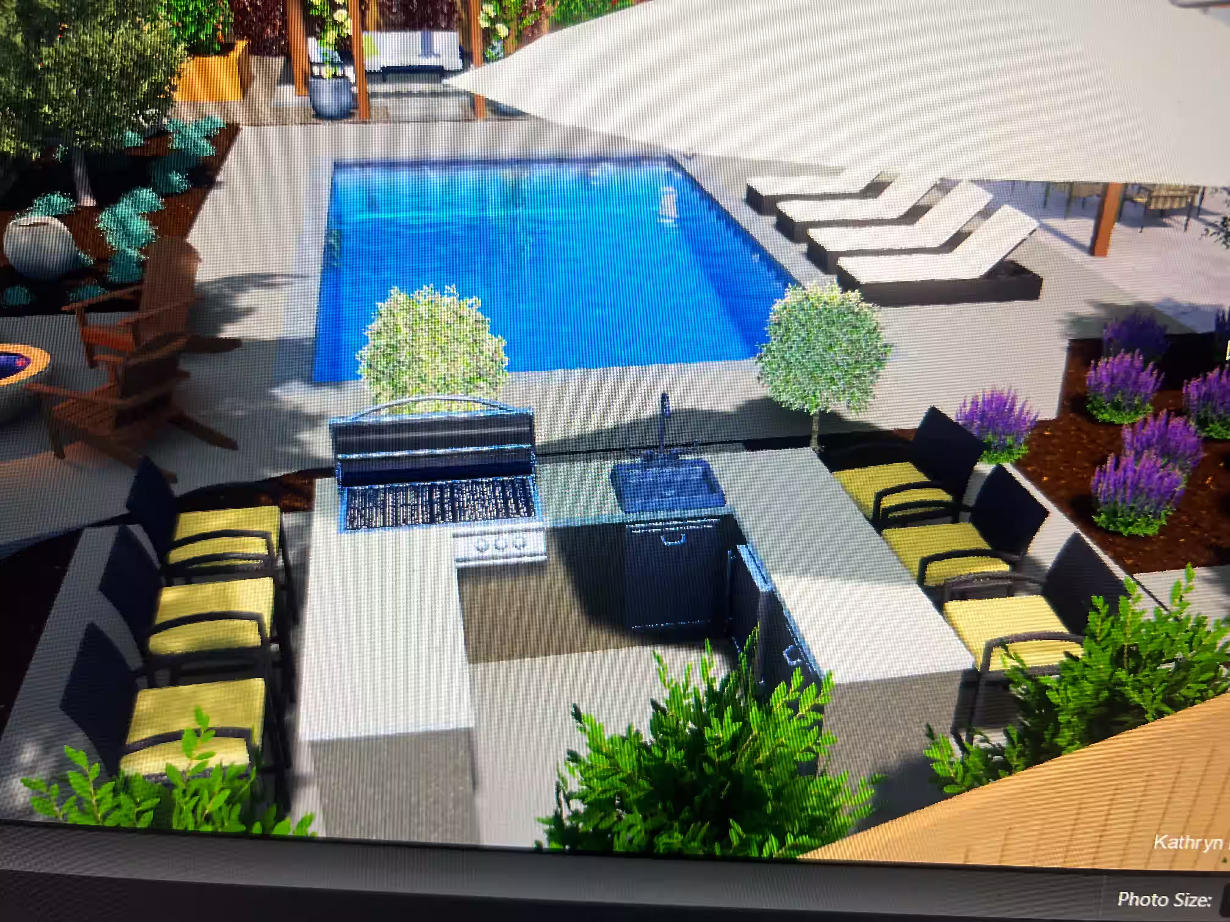 3D landscape rendering of a poolside kitchen and sitting area
