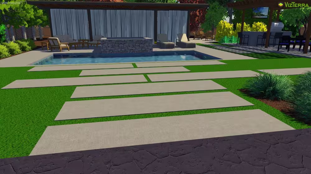 3D landscape rendering of a hardscape concrete pathway leading to a pool