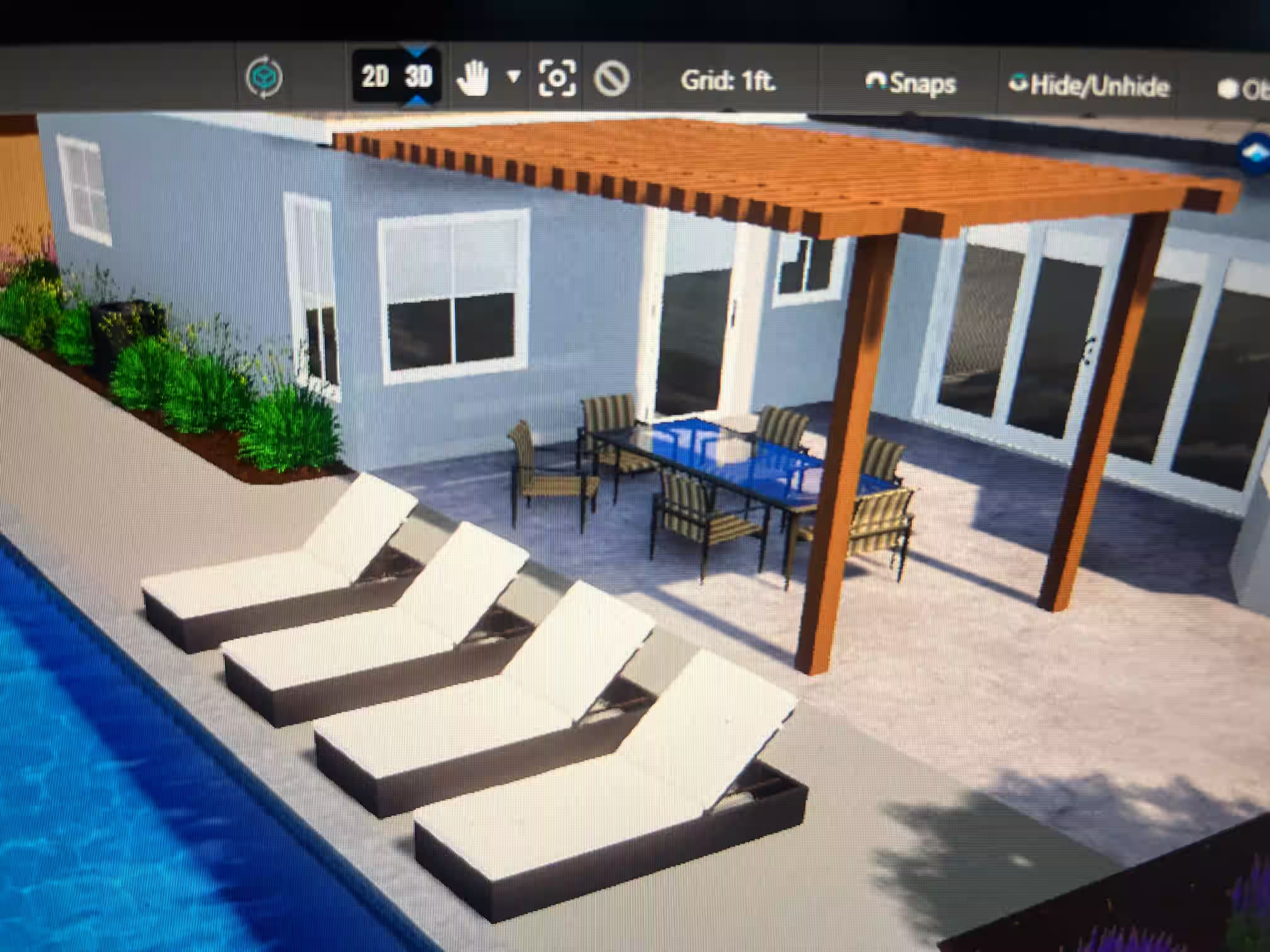 3D landscape rendering of a pergola, outdoor dining area, and poolside lounge area