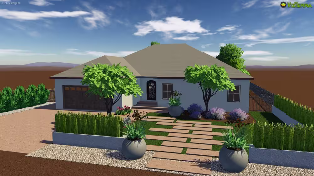 3D landscape rendering of a hardscape concrete walkway with maximum curb appeal