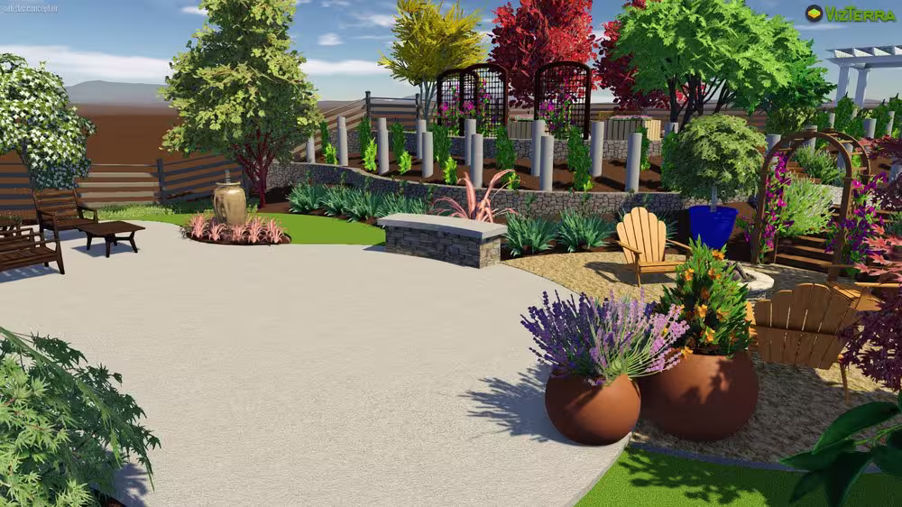 3D landscape rendering of a full backyard renovation with retaining walls, concrete patio, fire pit, and gardens