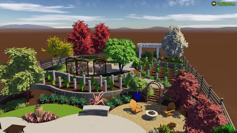 3D landscape rendering of a full backyard renovation leading up to the edge of the property