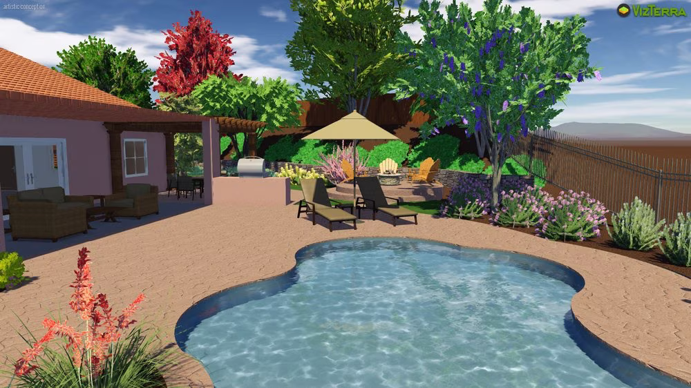 3D landscape rendering of a poolside lounge area