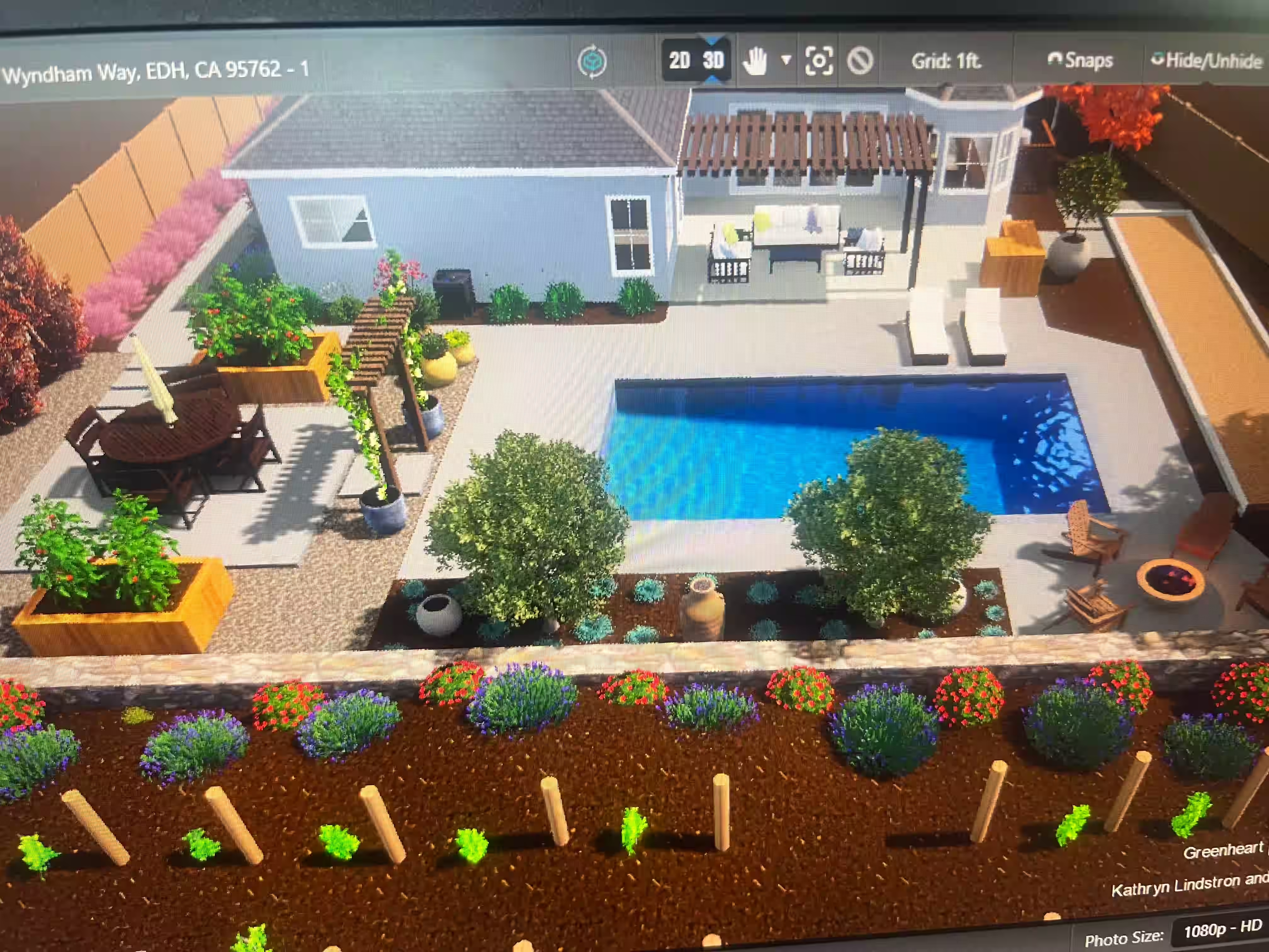 3D landscape rendering of a backyard garden near a pool
